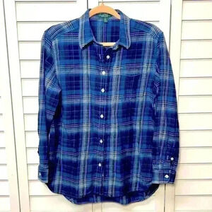 Lauren Ralph Lauren Plaid Button Down Cotton Twill Top Size Small